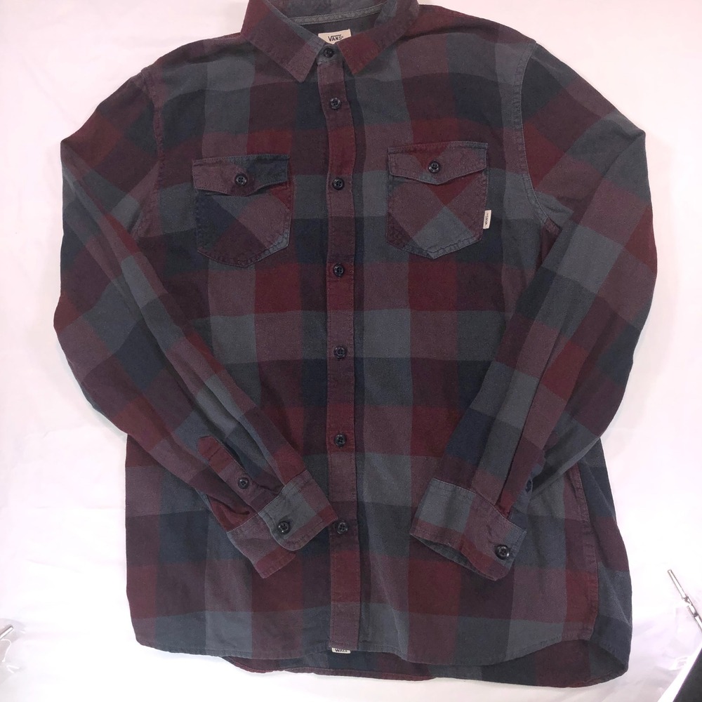 Vans Off The Wall Mens XL Flannel Shirt Burgundy Gray Plaid Button Down L/S